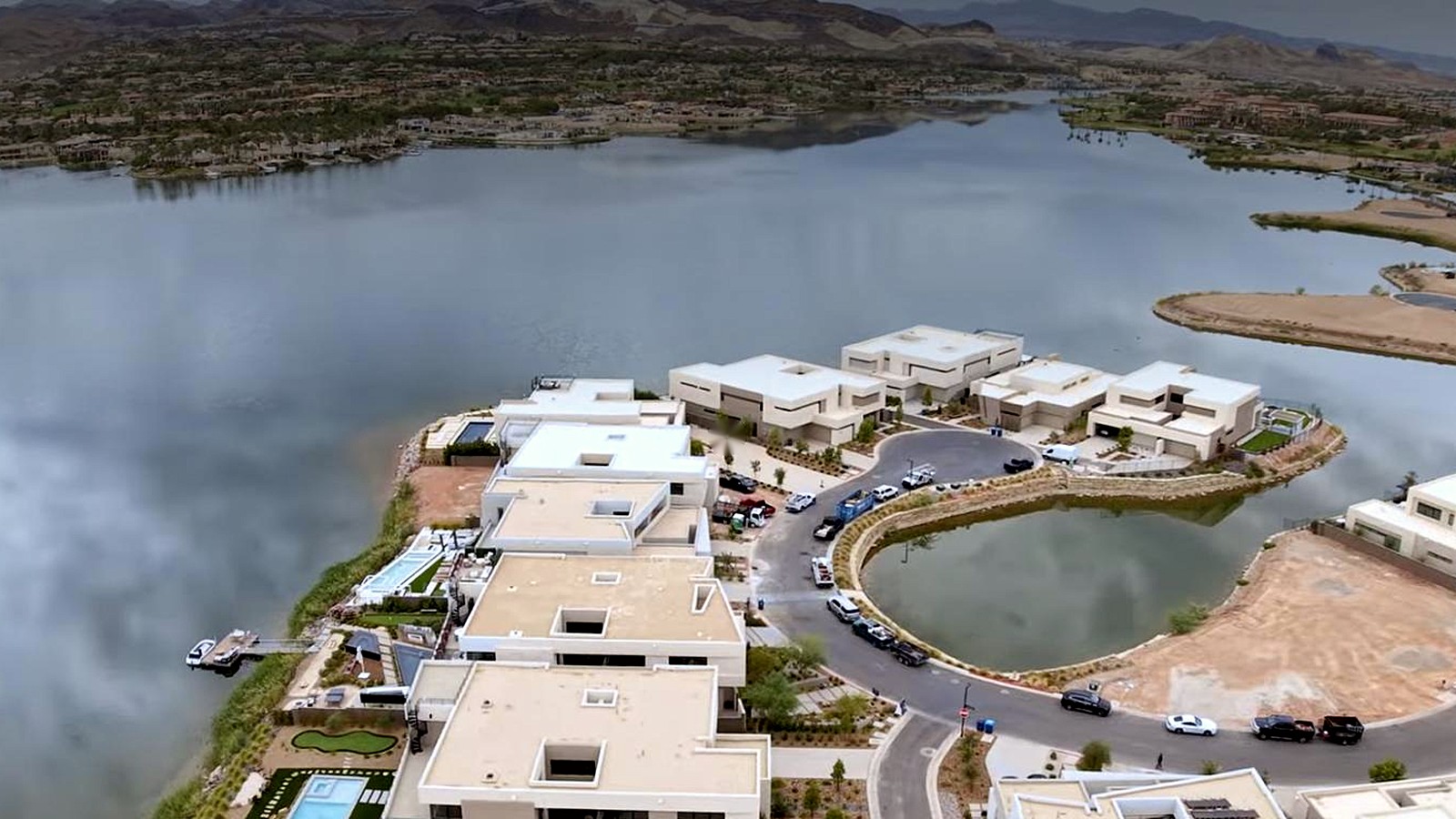 Aerial view of modern lakeside homes in the Las Vegas area