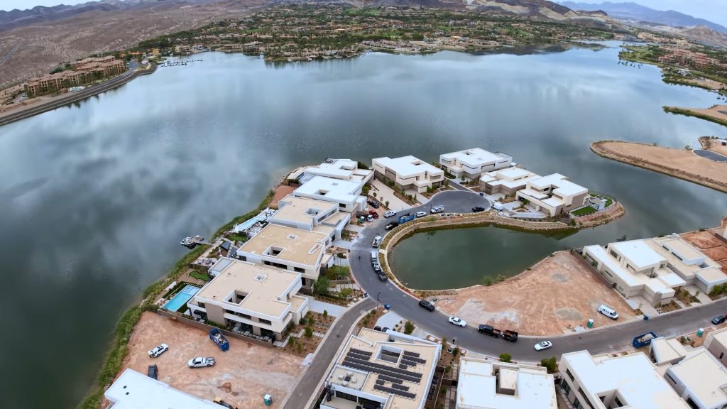 Aerial view of lakefront homes at Lake Las Vegas in Henderson