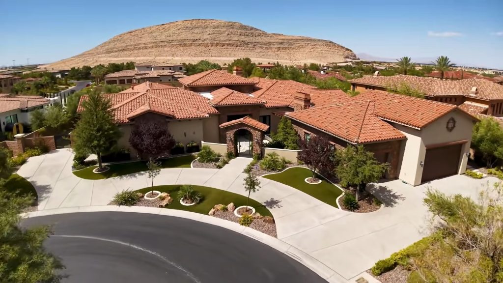 Aerial view of a Mediterranean estate in Augusta Canyon, Southern Highlands, Las Vegas