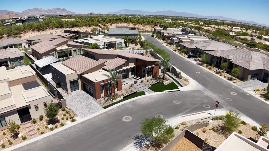 Aerial view of homes at Ascension in Summerlin with the Spring Mountains behind